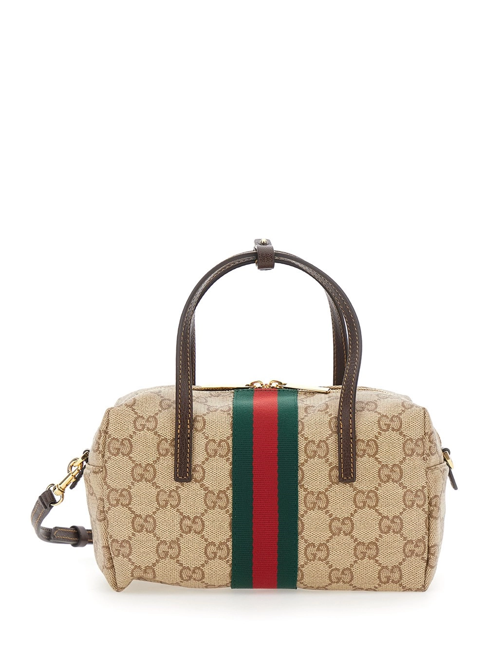 Gucci Borsa Mini 'Boston' con dettaglio Web sul lato e tracolla regolabile e removibile in tela GG supreme beige donna