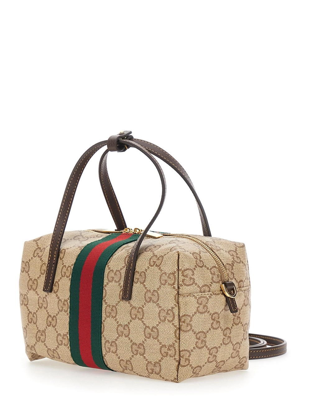 Gucci Borsa Mini 'Boston' con dettaglio Web sul lato e tracolla regolabile e removibile in tela GG supreme beige donna, view 2