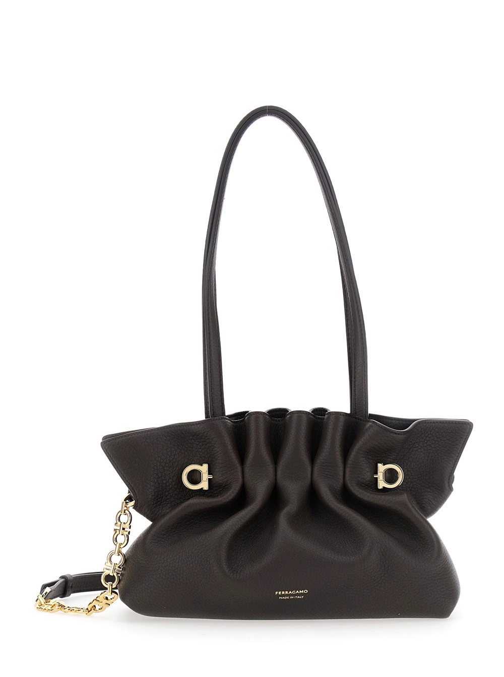 Ferragamo Borsa a Spalla 'Soft Bag' Piccola con Gancini sul fronte e tracolla con catena in pelle marrone donna