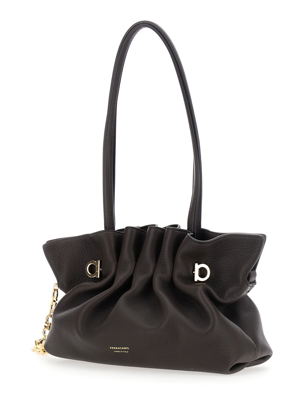 Ferragamo Borsa a Spalla 'Soft Bag' Piccola con Gancini sul fronte e tracolla con catena in pelle marrone donna, view 2