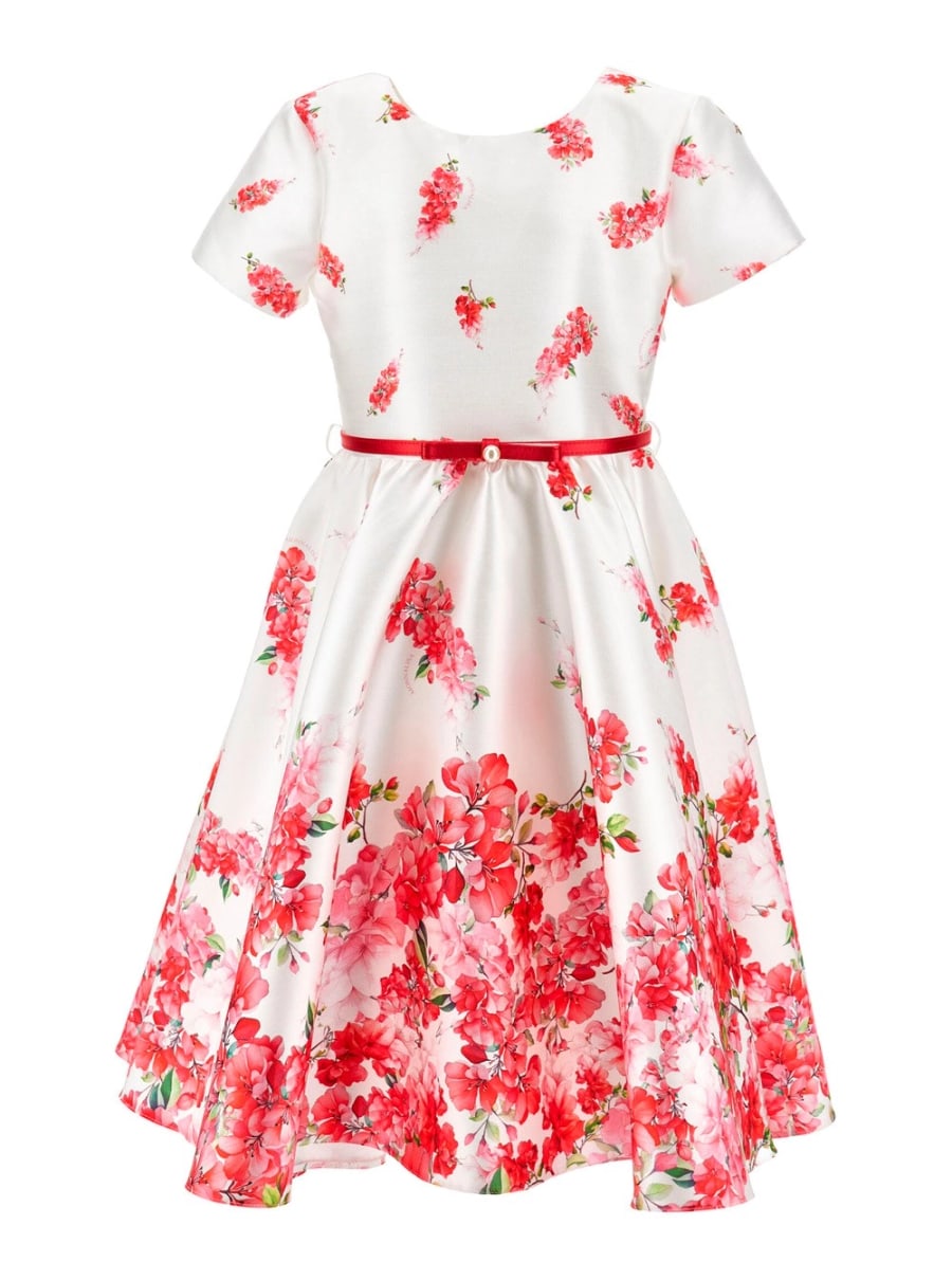 Monnalisa kids Abito con Scollo Rotondo e Motivo Floreale All-Over in Tessuto Bianco Bambina