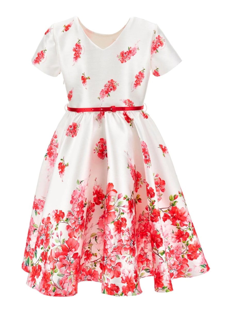 Monnalisa kids Abito con Scollo Rotondo e Motivo Floreale All-Over in Tessuto Bianco Bambina, view 2