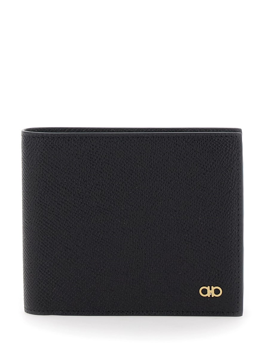 Ferragamo Portafoglio Bi-Fold 'Micro Gancini' con Logo in Pelle Martellata Nero Uomo