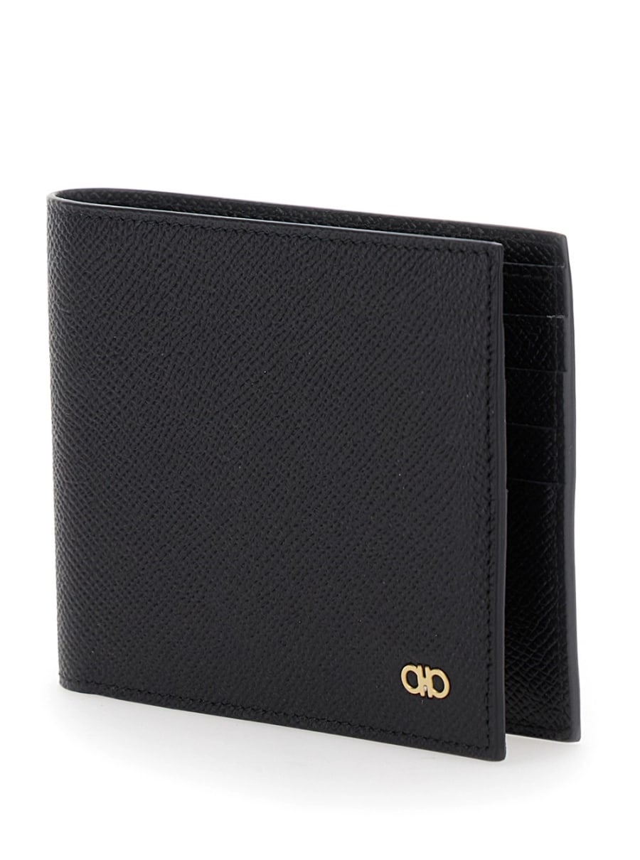 Ferragamo Portafoglio Bi-Fold 'Micro Gancini' con Logo in Pelle Martellata Nero Uomo, view 2