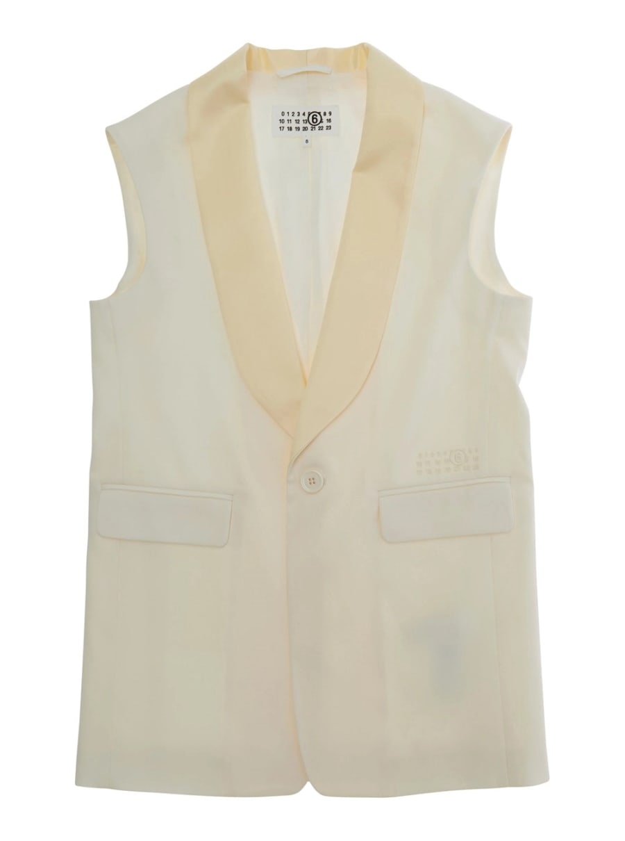 Mm6 maison margiela kids Gilet Monopetto con Scollo a V e Patch Logo sul Fronte in Misto Lana Stretch Beige Bambina