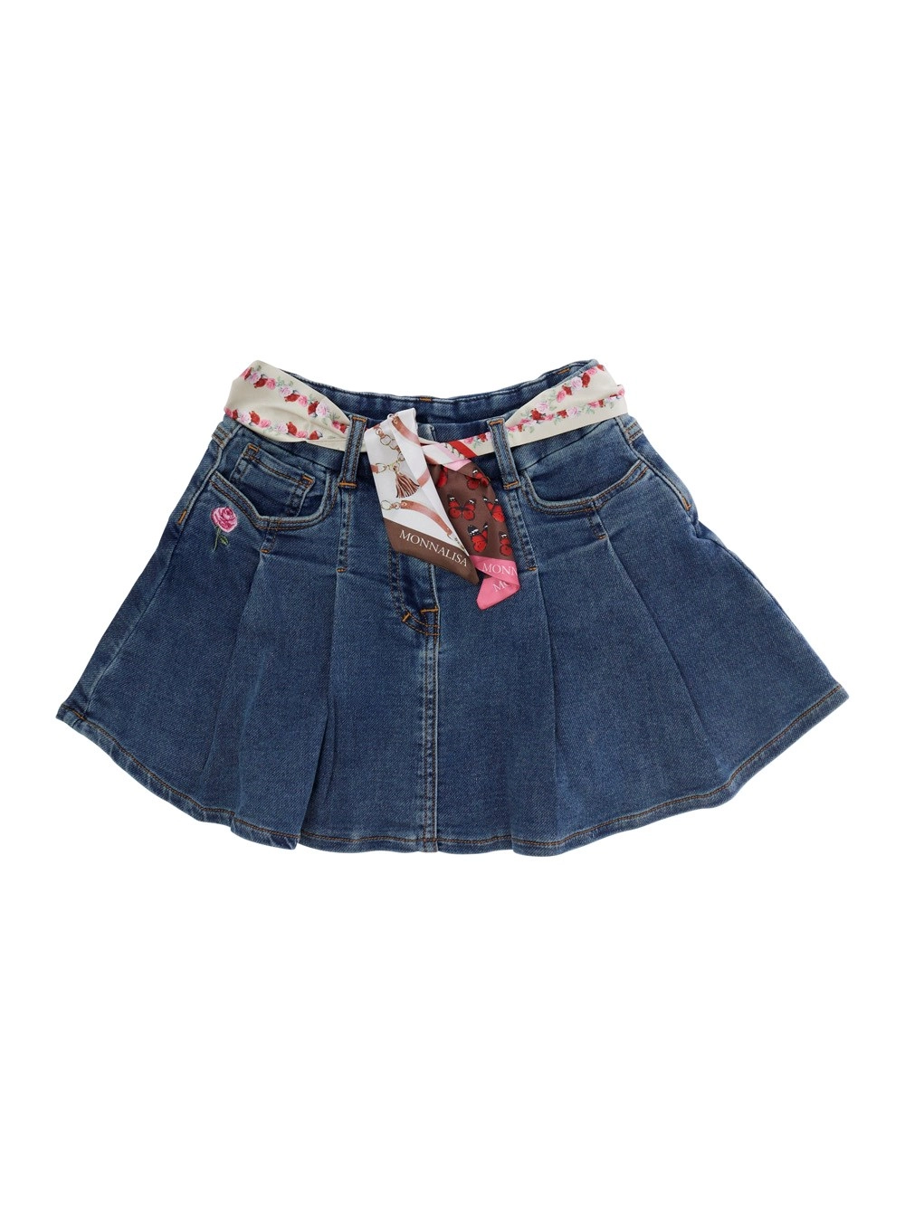 Monnalisa kids Minigonna con cintura in tessuto e ricamo logo sul retro in denim blu bambina