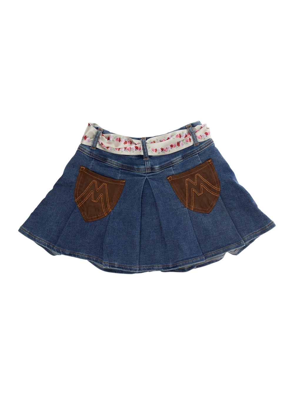 Monnalisa kids Minigonna con cintura in tessuto e ricamo logo sul retro in denim blu bambina, view 2