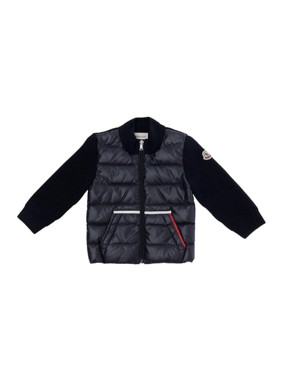 Moncler kids Cardigan con patch logo sulla manica in tessuto tecnico e cotone blu baby
