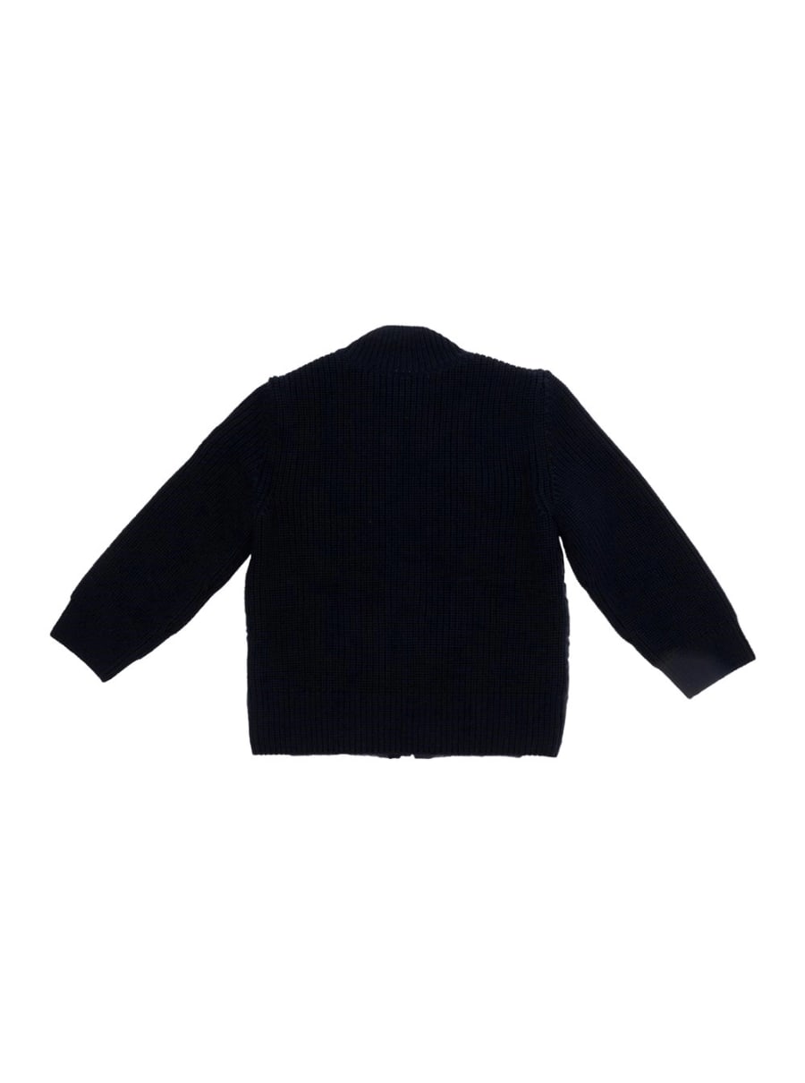 Moncler kids Cardigan con patch logo sulla manica in tessuto tecnico e cotone blu baby, view 2