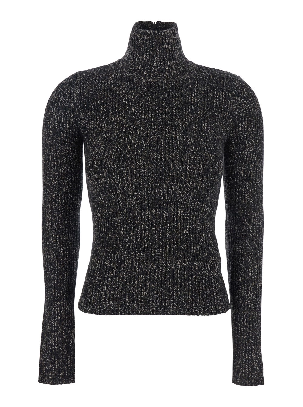 Max Mara Maglia a Collo Alto con Design a Coste in Misto Lana Grigia Donna