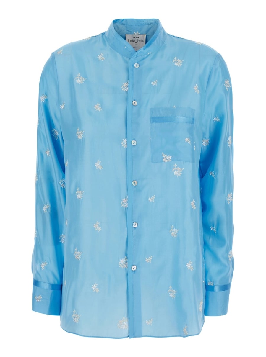 Forte_Forte Camicia con colletto alla coreana e ricamo floreale all-over in seta azzurra donna