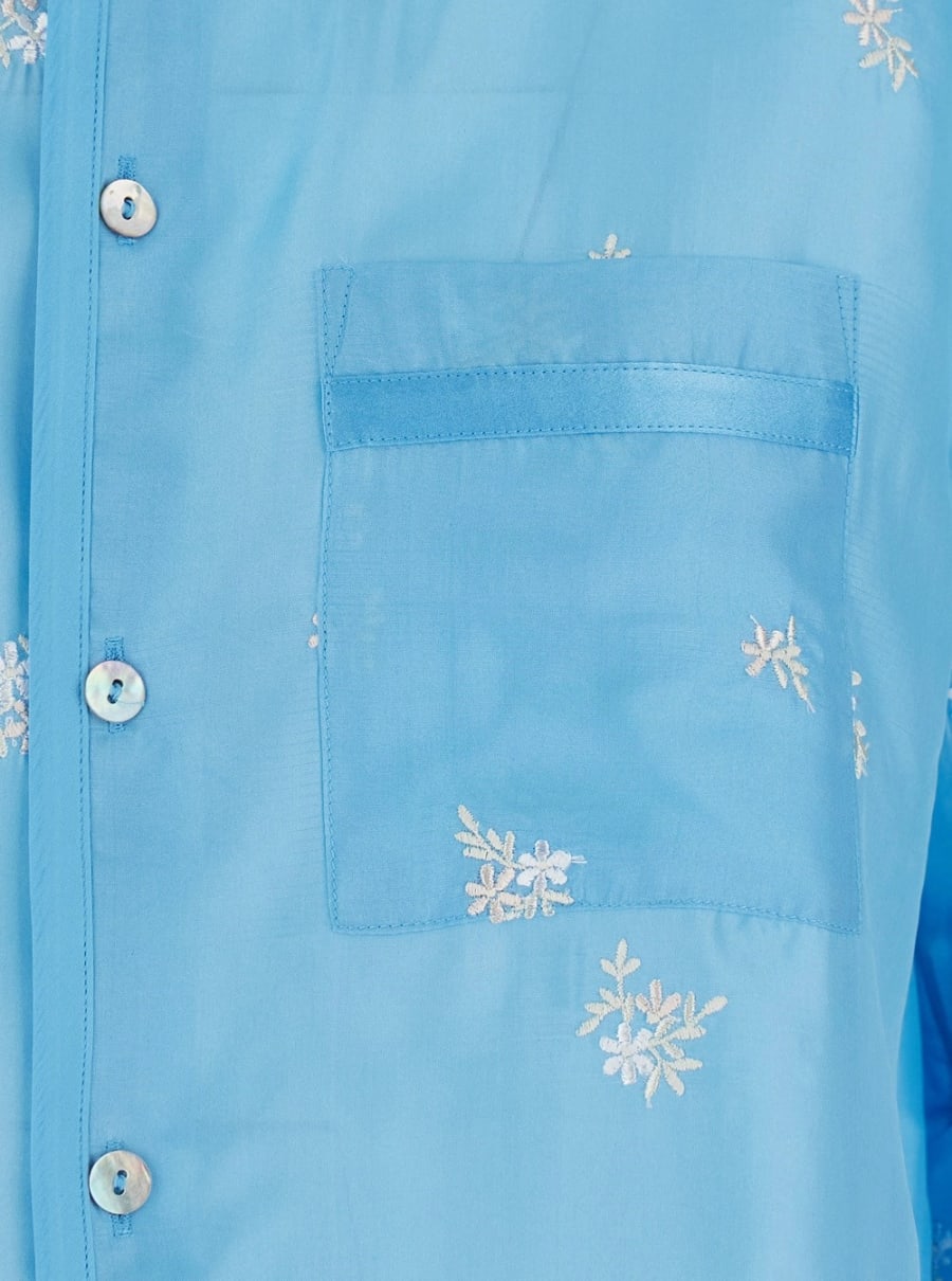 Forte_Forte Camicia con colletto alla coreana e ricamo floreale all-over in seta azzurra donna, view 3