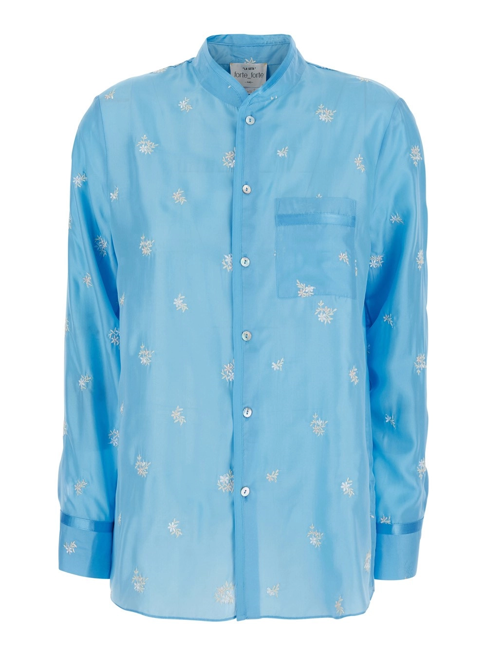 Forte_Forte Camicia con colletto alla coreana e ricamo floreale all-over in seta azzurra donna
