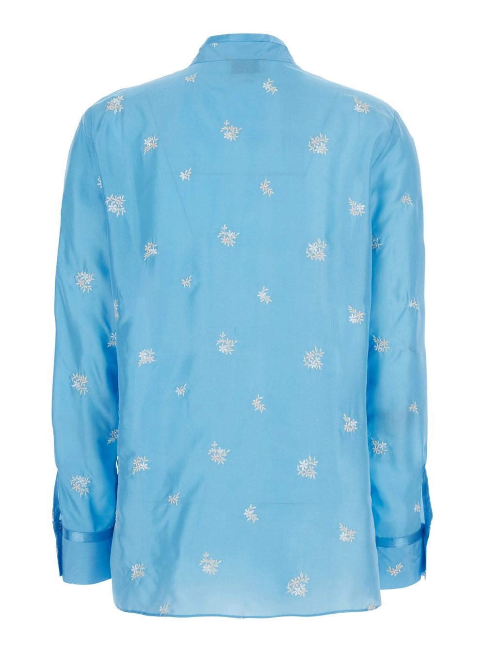Forte_Forte Camicia con colletto alla coreana e ricamo floreale all-over in seta azzurra donna, view 2