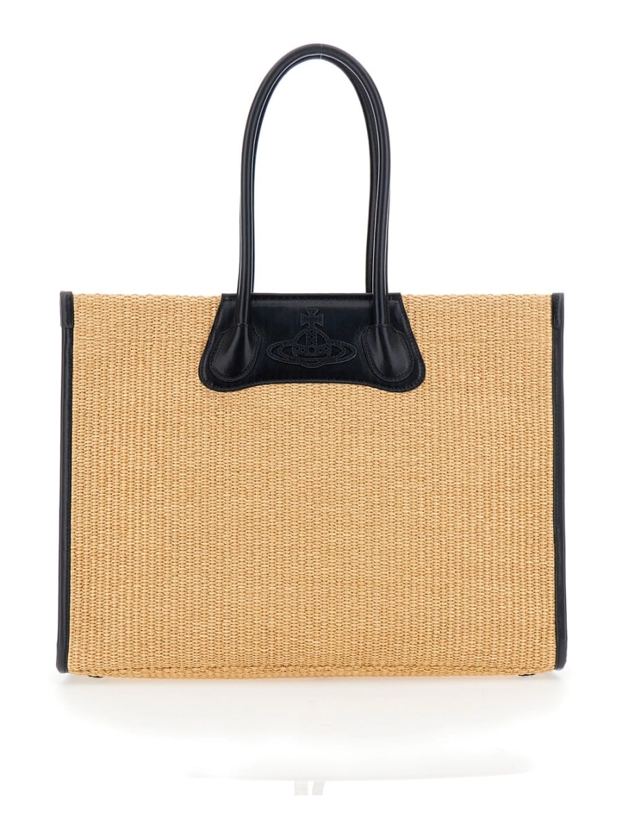 Vivienne Westwood Borsa Shopping 'Troy' con Logo Orb Impresso sul Fronte e Lavorazione Effetto Rafia in Cotone Beige Donna