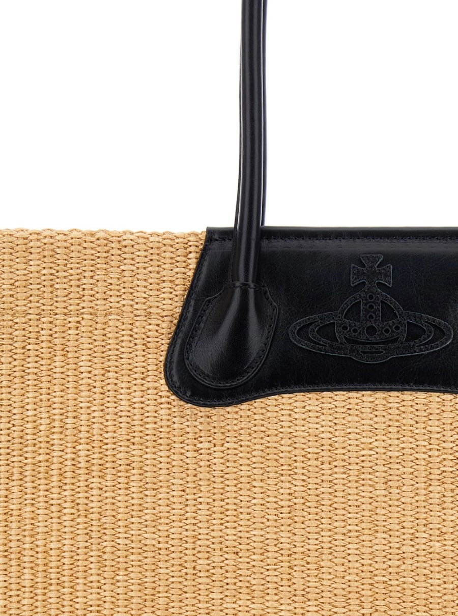 Vivienne Westwood Borsa Shopping 'Troy' con Logo Orb Impresso sul Fronte e Lavorazione Effetto Rafia in Cotone Beige Donna, view 5