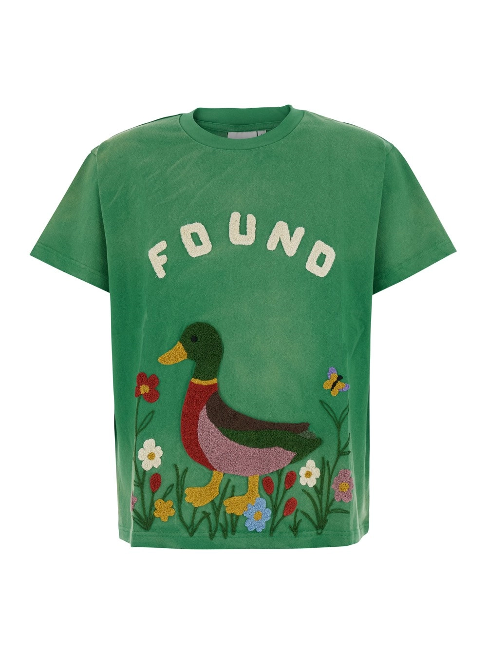 Found T-Shirt Girocollo con Maxi Stampa sul Fronte in Cotone Verde Uomo
