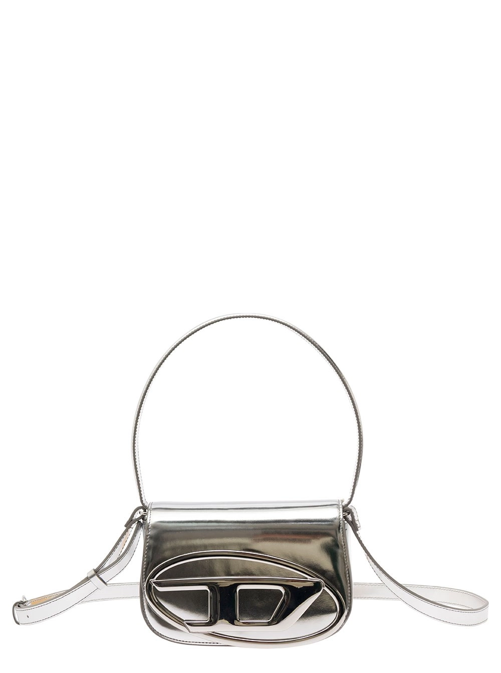 Diesel Borsa a Spalla '1DR' con Patch Oval D in Pelle Laminata Argento Donna