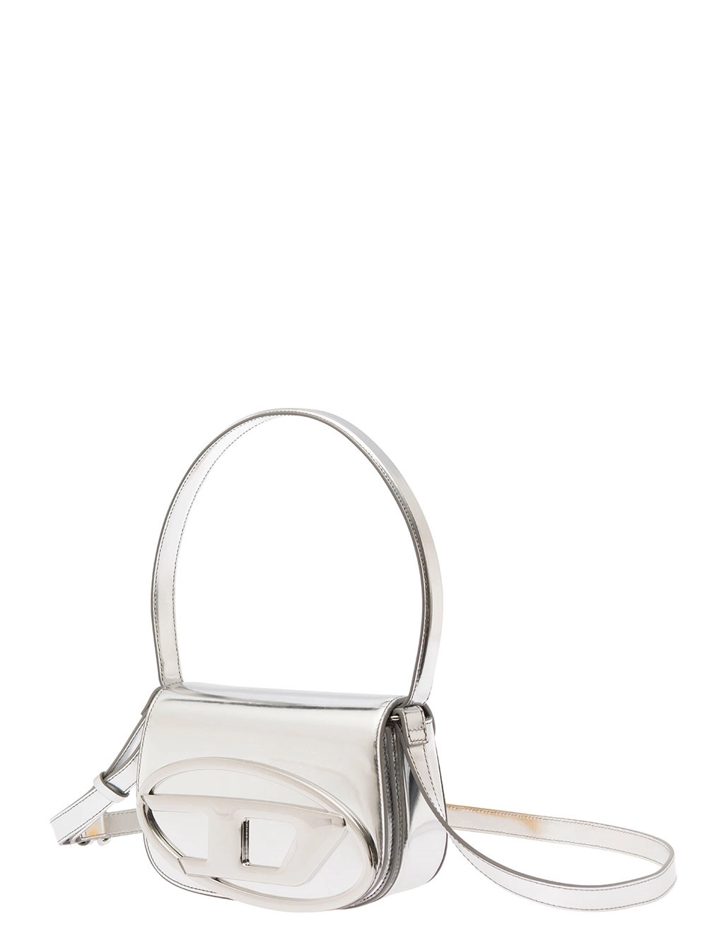 Diesel Borsa a Spalla '1DR' con Patch Oval D in Pelle Laminata Argento Donna, view 2