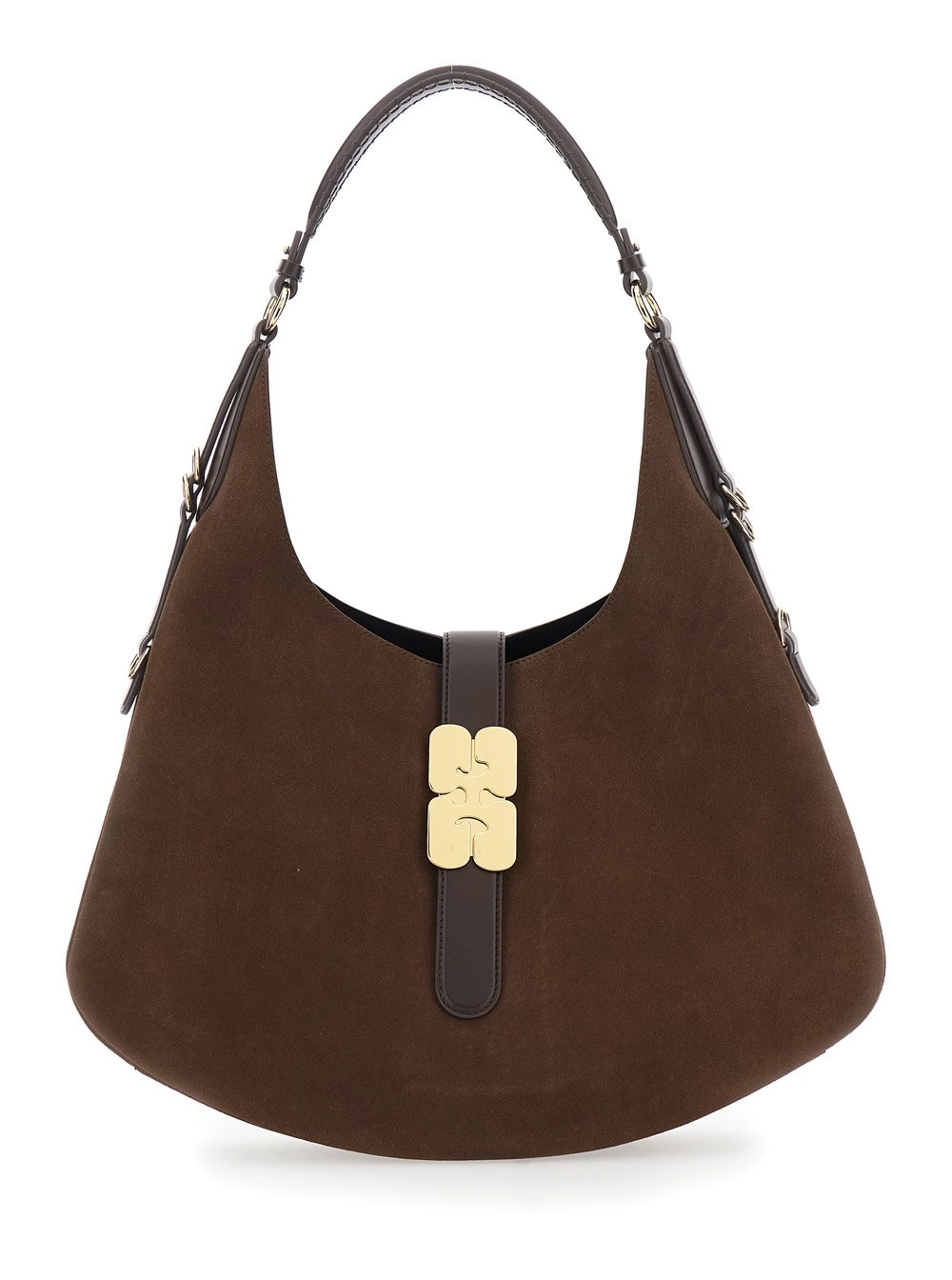 Ganni Borsa a Spalla 'Kat Grande' con Placca Butterfly sul Fronte in Pelle Scamosciata Marrone Donna