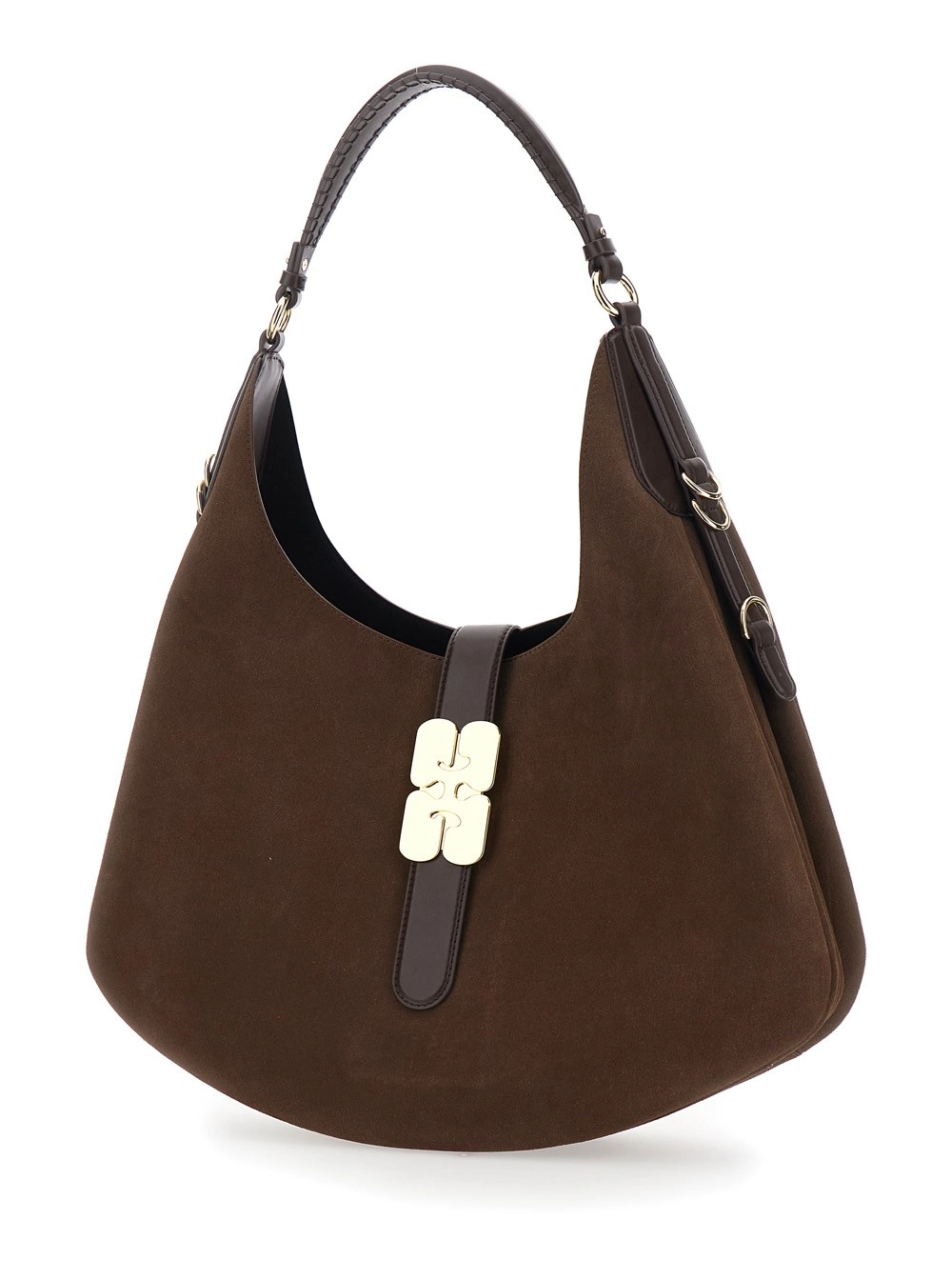 Ganni Borsa a Spalla 'Kat Grande' con Placca Butterfly sul Fronte in Pelle Scamosciata Marrone Donna, view 2