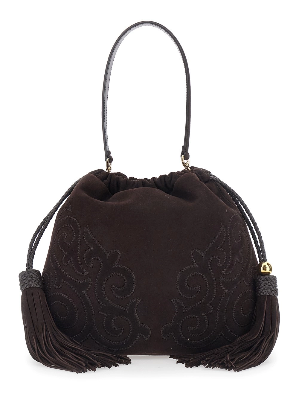 Etro Borsa a Spalla 'Kalispera' con Chiusura a Coulisse e Nappine sul Fronte in Pelle Scamosciata Marrone Donna