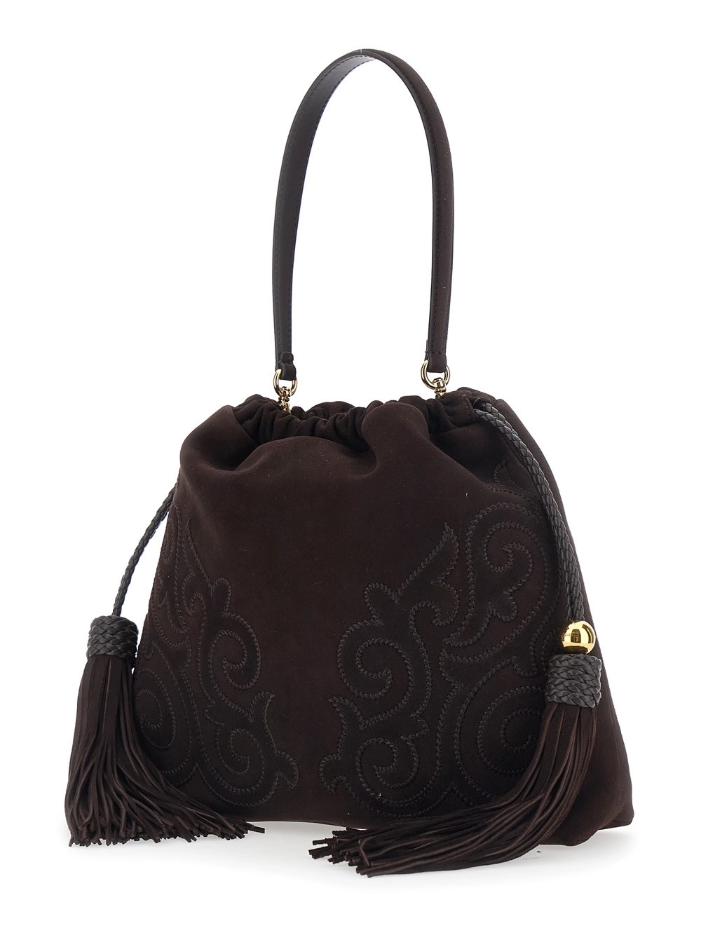 Etro Borsa a Spalla 'Kalispera' con Chiusura a Coulisse e Nappine sul Fronte in Pelle Scamosciata Marrone Donna, view 2