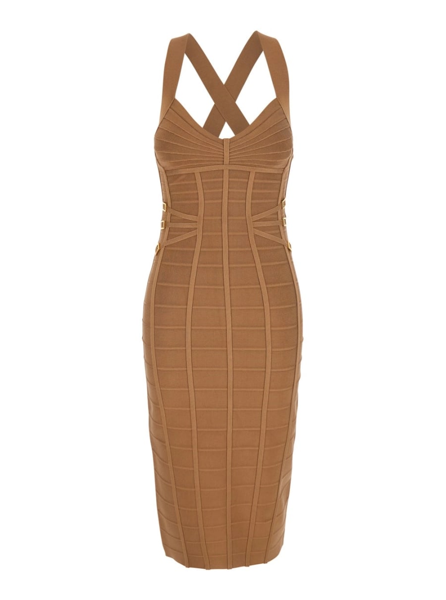 Elisabetta Franchi Abito Tubino Smanicato con Chiusura con Zip sul Retro e Lavorazione Effetto 3D in Misto Viscosa Beige Donna