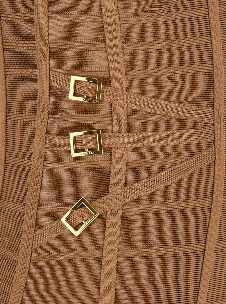 Elisabetta Franchi Abito Tubino Smanicato con Chiusura con Zip sul Retro e Lavorazione Effetto 3D in Misto Viscosa Beige Donna, view 3