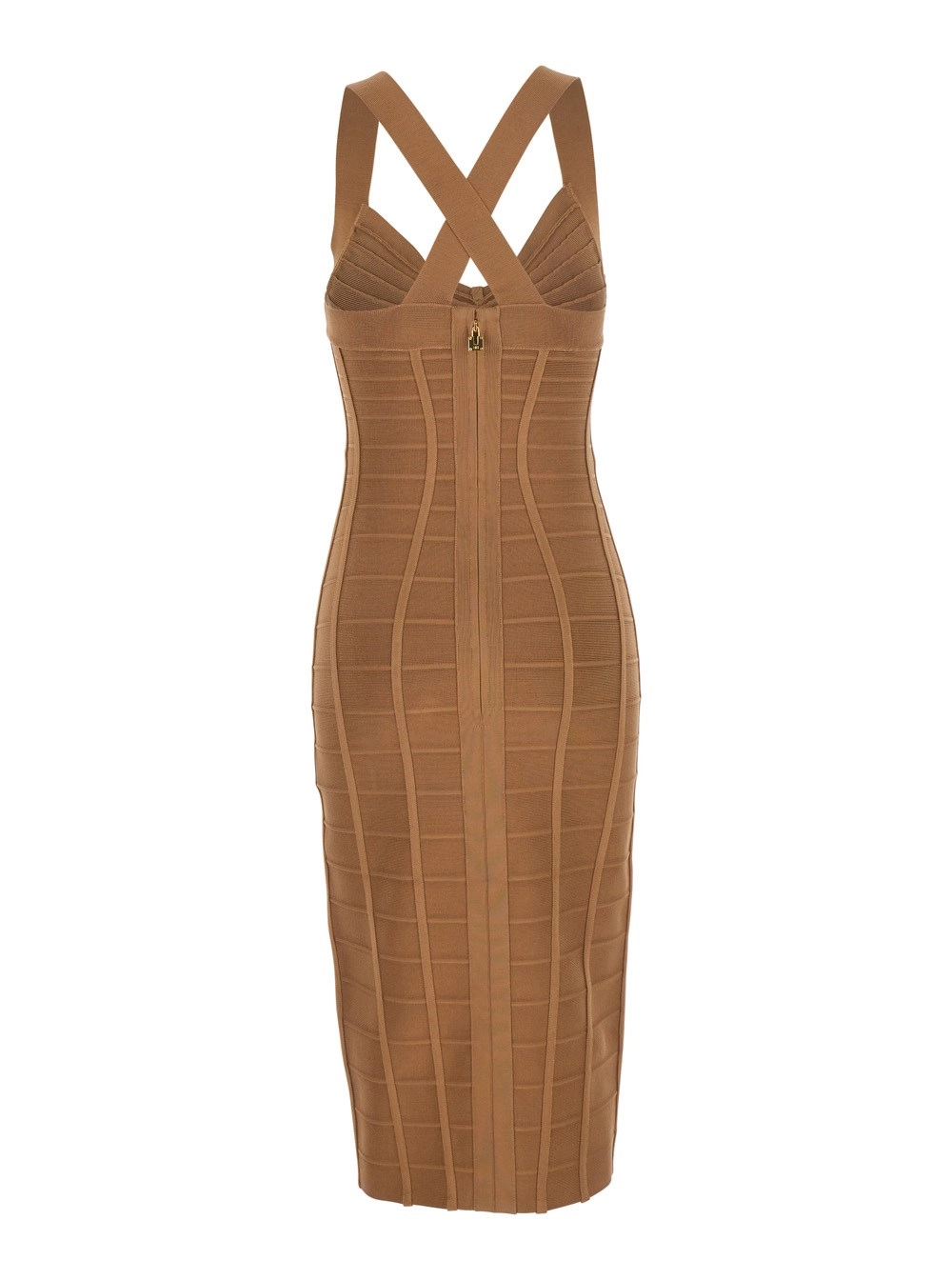 Elisabetta Franchi Abito Tubino Smanicato con Chiusura con Zip sul Retro e Lavorazione Effetto 3D in Misto Viscosa Beige Donna, view 2