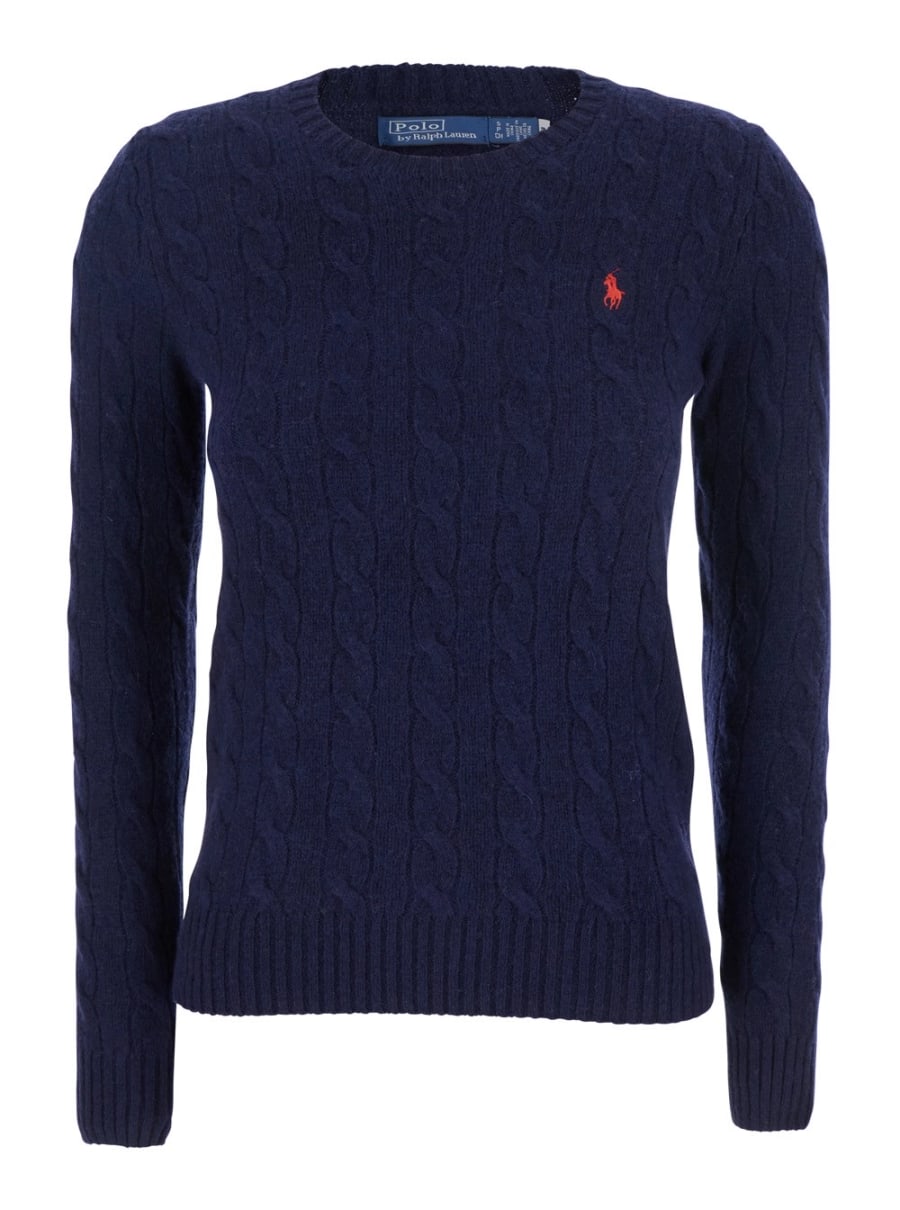 Polo Ralph Lauren Maglione Girocollo con Ricamo Cavallino sul Fronte e Lavorazione a Treccia in lana e cashmere blu Donna
