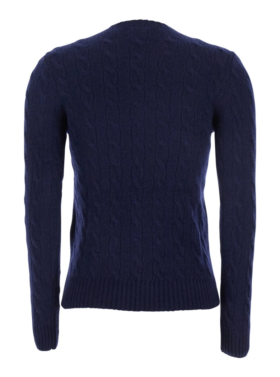 Polo Ralph Lauren Maglione Girocollo con Ricamo Cavallino sul Fronte e Lavorazione a Treccia in lana e cashmere blu Donna, view 2