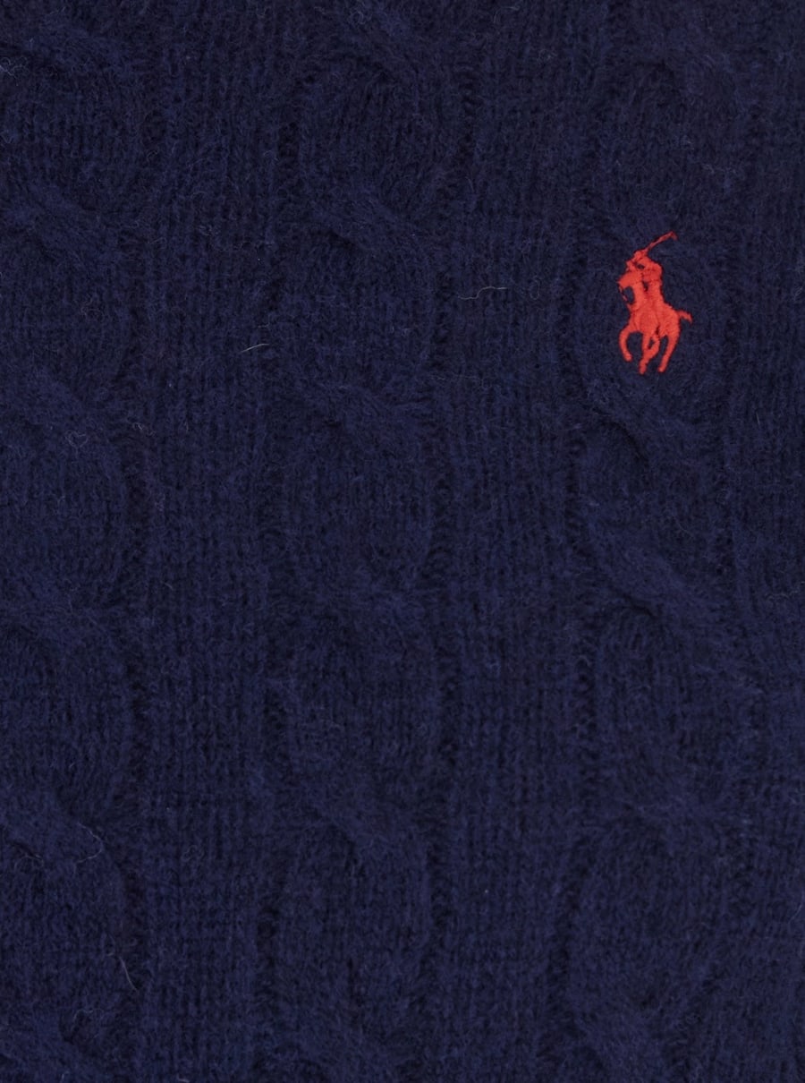 Polo Ralph Lauren Maglione Girocollo con Ricamo Cavallino sul Fronte e Lavorazione a Treccia in lana e cashmere blu Donna, view 3