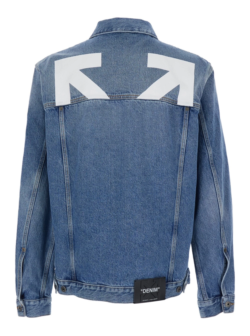 Off-White Giubbotto con colletto classico e maxi logo sul retro in denim blu uomo, view 2