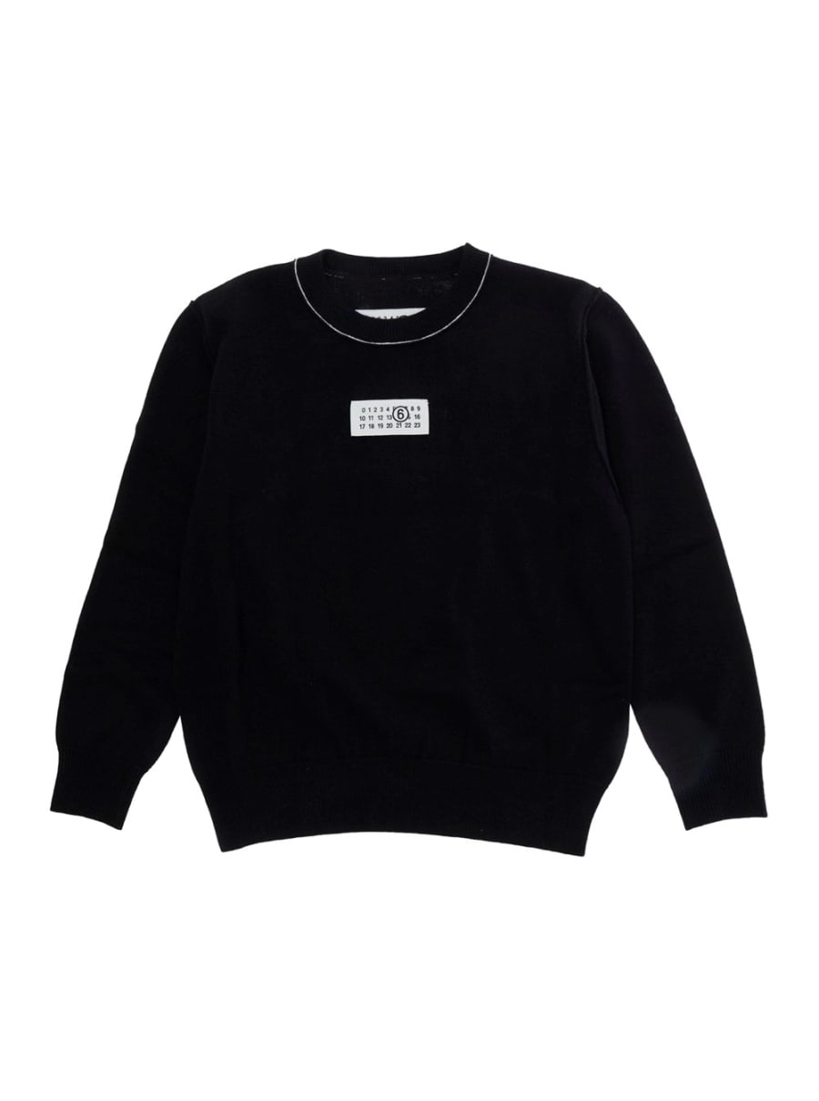 Mm6 maison margiela kids Maglione con scollo rotondo e patch logo sul fronte in misto lana nero bambino