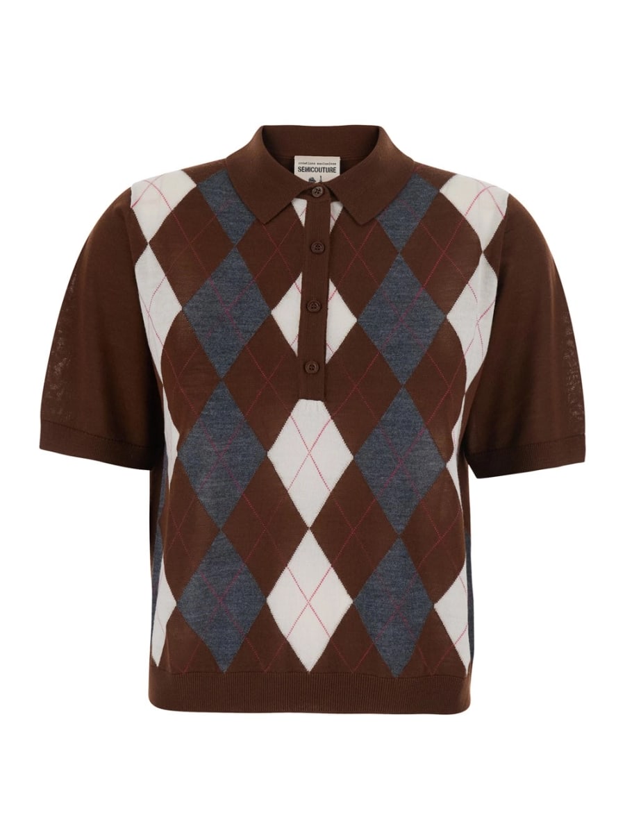 Semicouture Maglia 'DIANA' con colletto polo e motivo con rombi in lana vergine marrone donna