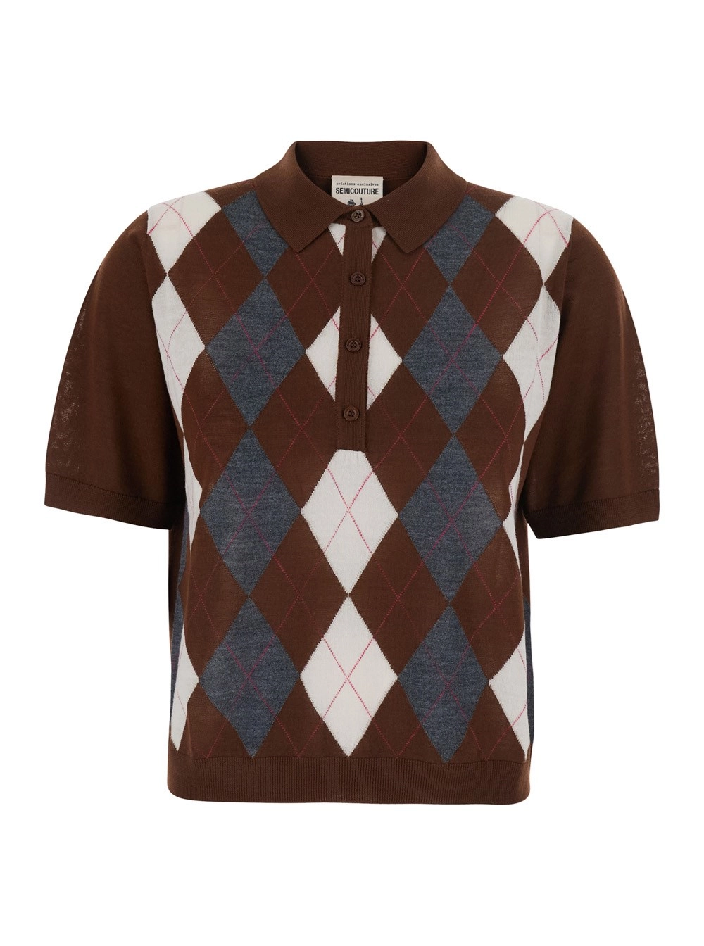 Semicouture Maglia 'DIANA' con colletto polo e motivo con rombi in lana vergine marrone donna