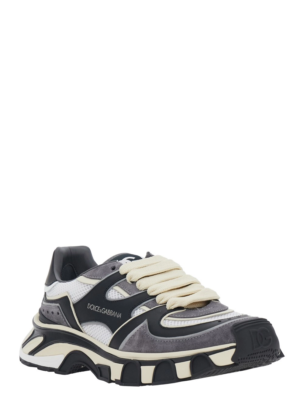 Dolce & Gabbana Sneakers con logo lettering sul lato e design a inserti in pelle e suede bianche e nere per uomo, view 2
