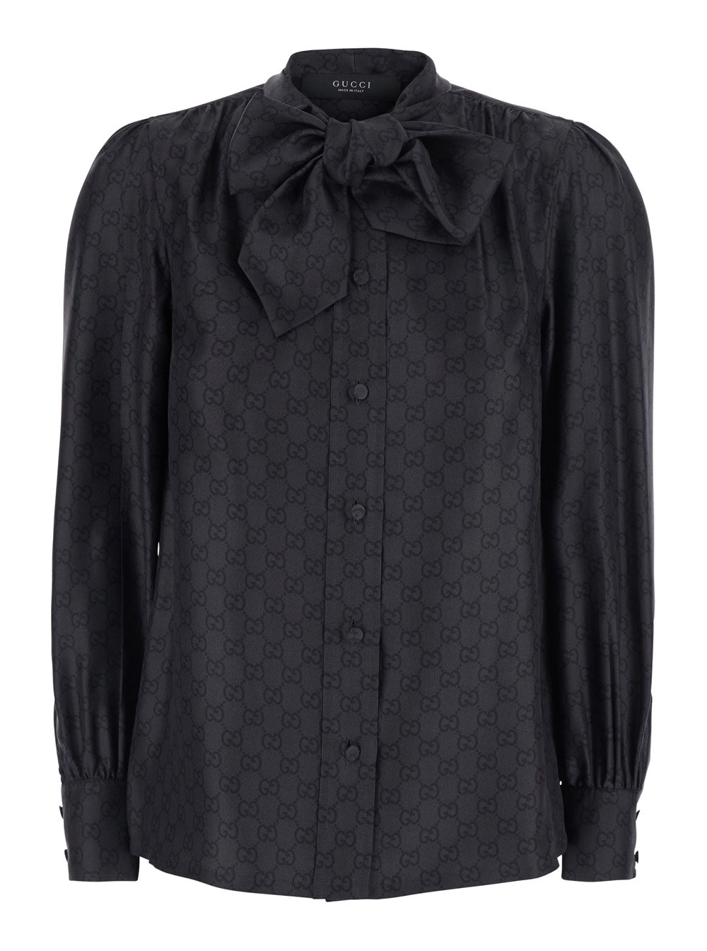 Gucci Camicia con colletto con fiocco annodabile e stampa GG all-over in seta nera donna