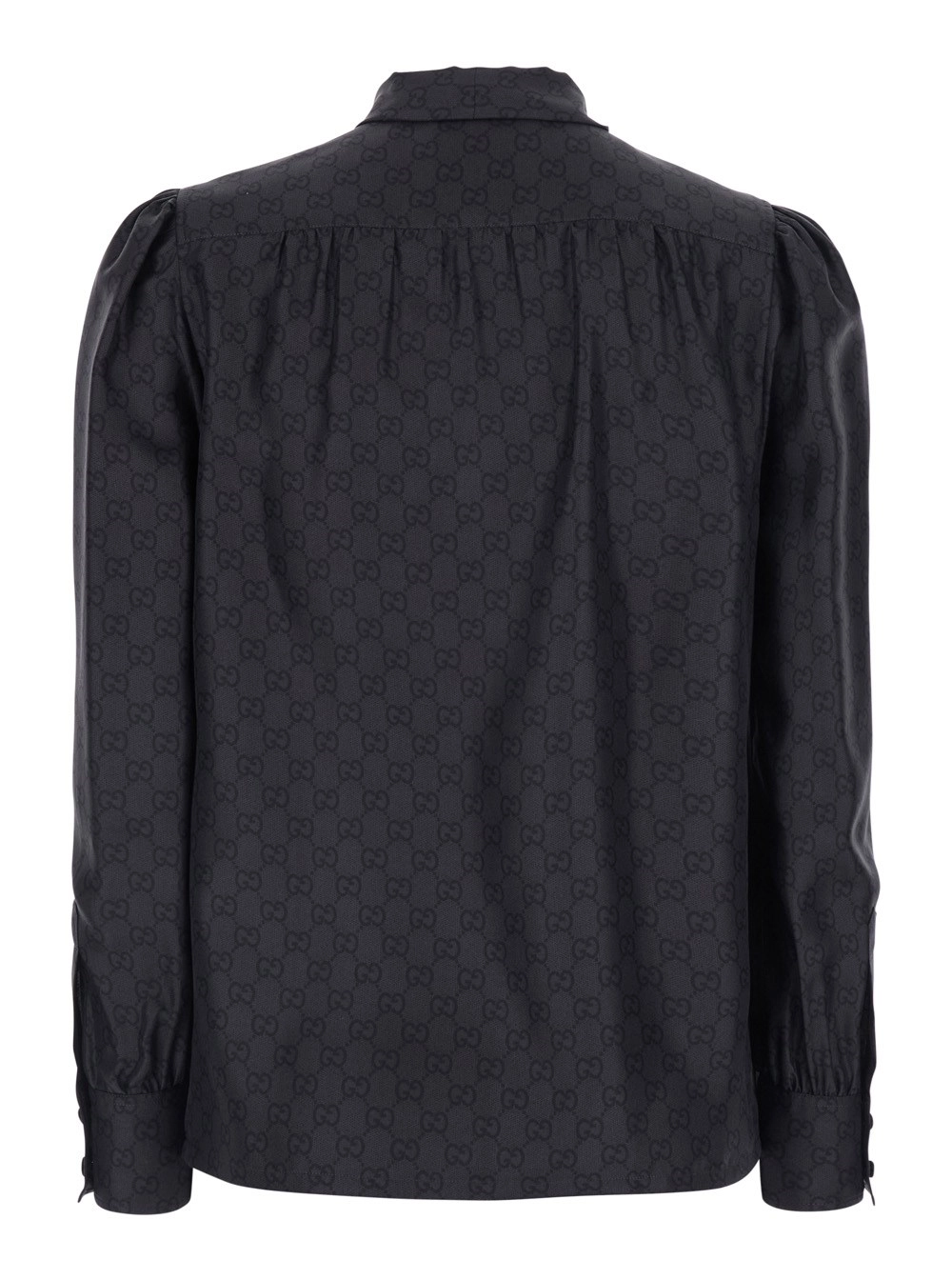 Gucci Camicia con colletto con fiocco annodabile e stampa GG all-over in seta nera donna, view 2