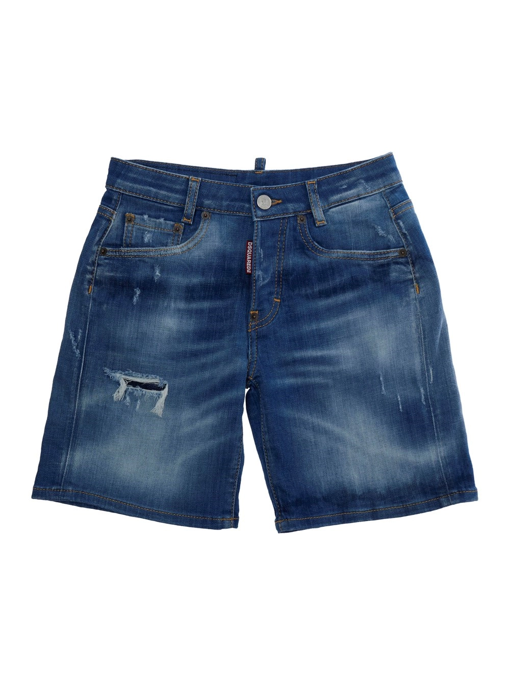 Dsquared2 kids shorts con dettagli strappati e patch logo sul retro in denim blu bambino