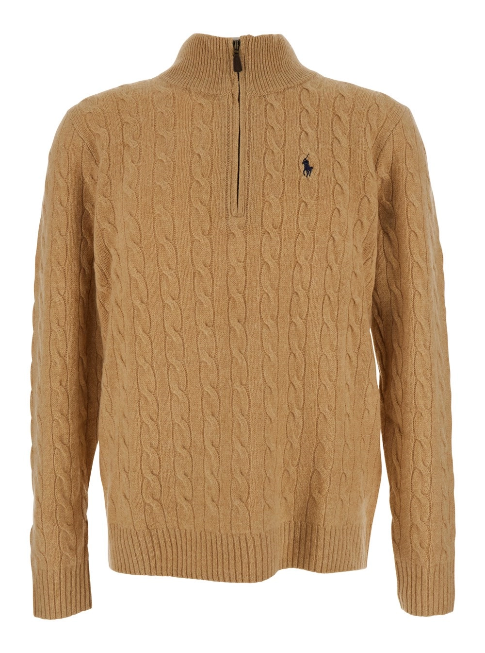 Polo Ralph Lauren Maglione a Collo Alto con Ricamo Cavallino sul Fronte e Chiusura con Mezza Zip in Lana e Cashmere Beige Uomo