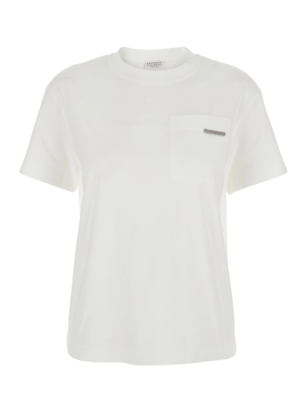 Brunello Cucinelli T-Shirt Girocollo con Dettaglio Monile sul Fronte in Cotone Bianca Donna
