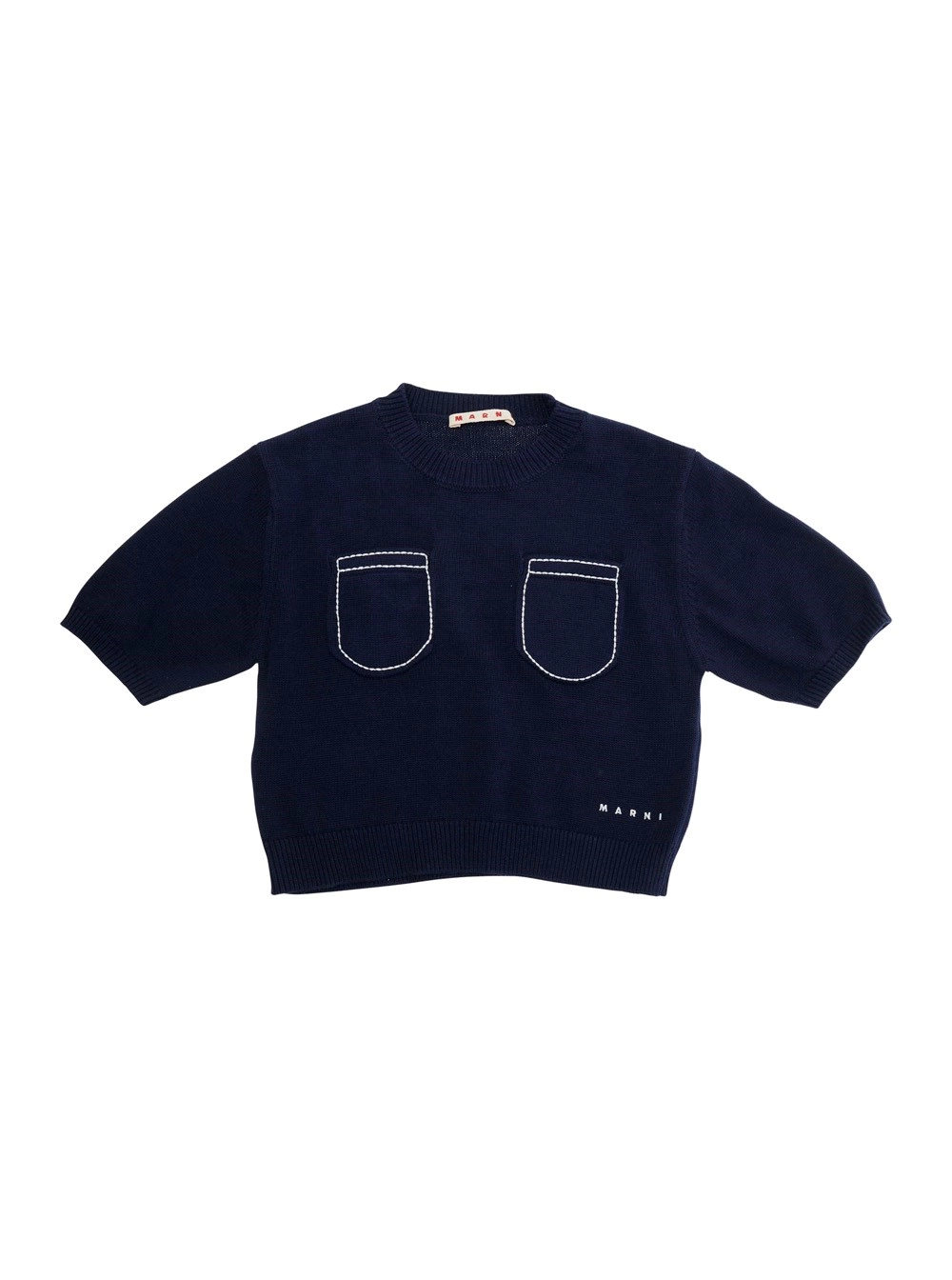 Marni kids Maglione Girocollo con Ricamo Logo Lettering sul Fronte in Cotone Blu Bambina