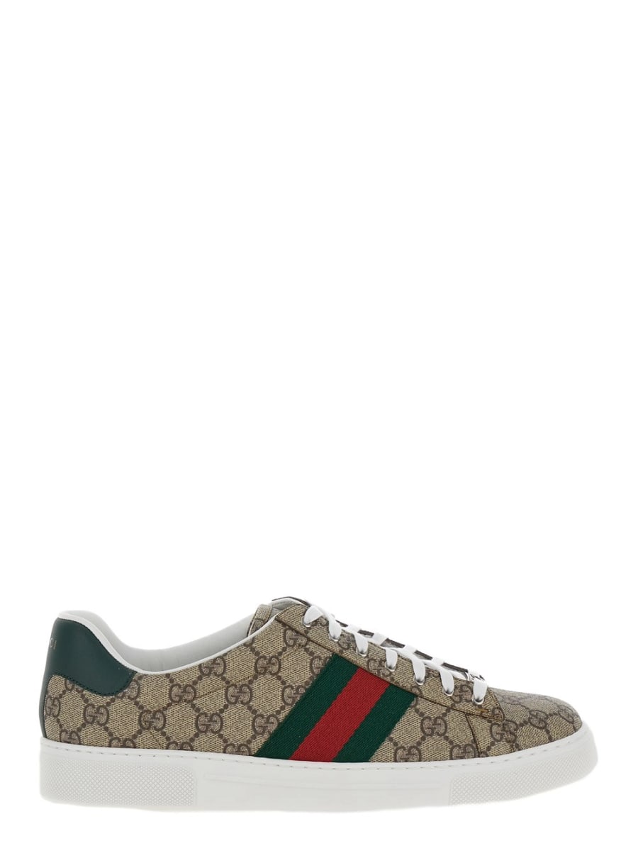 Gucci Sneaker Basse 'Gucci Ace' con Dettaglio Web in Tessuto GG Supreme Beige ed Ebano Uomo