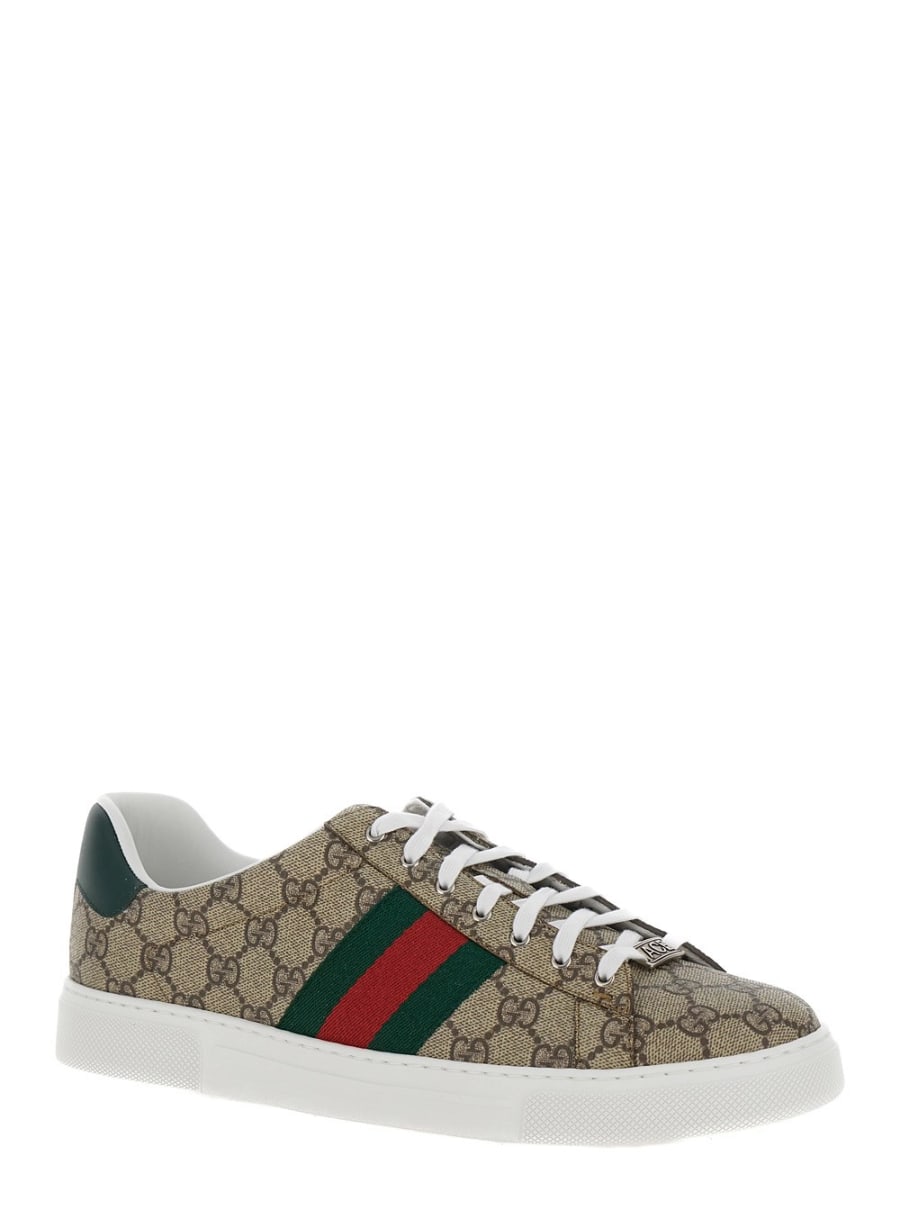 Gucci Sneaker Basse 'Gucci Ace' con Dettaglio Web in Tessuto GG Supreme Beige ed Ebano Uomo, view 2