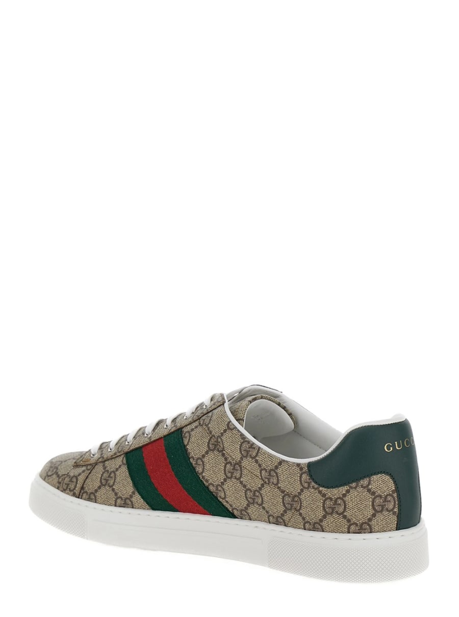Gucci Sneaker Basse 'Gucci Ace' con Dettaglio Web in Tessuto GG Supreme Beige ed Ebano Uomo, view 3