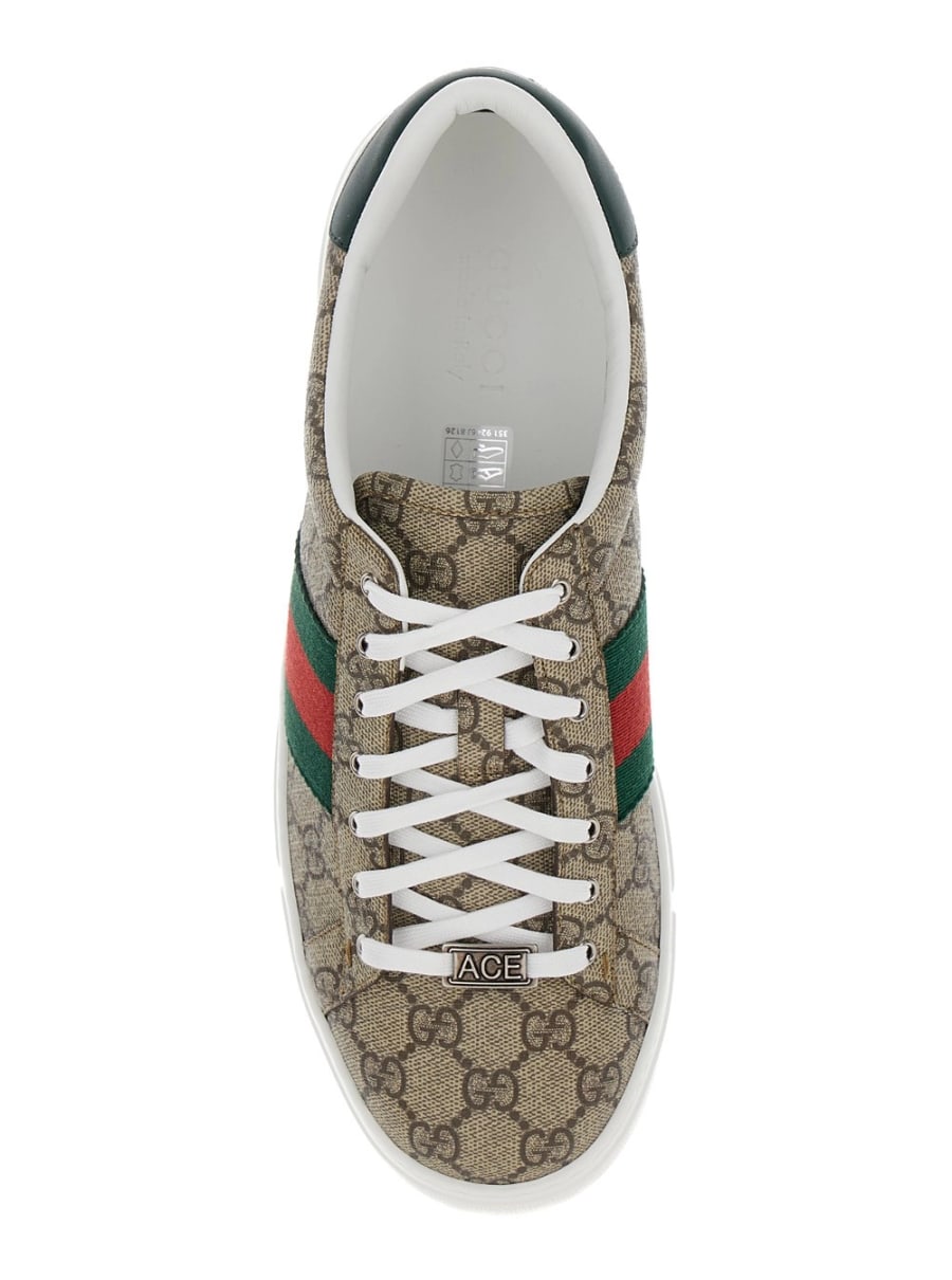 Gucci Sneaker Basse 'Gucci Ace' con Dettaglio Web in Tessuto GG Supreme Beige ed Ebano Uomo, view 4