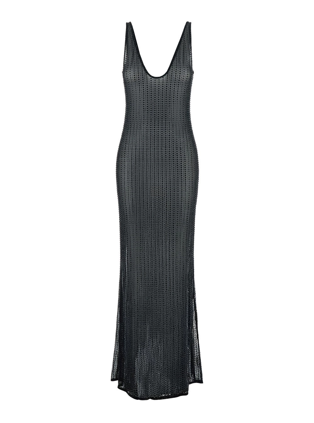 Venuja Abito 'Malibu' con Scollo a V e Decorazione con Cristalli All-Over in Tessuto Tecnico Stretch Nero Donna