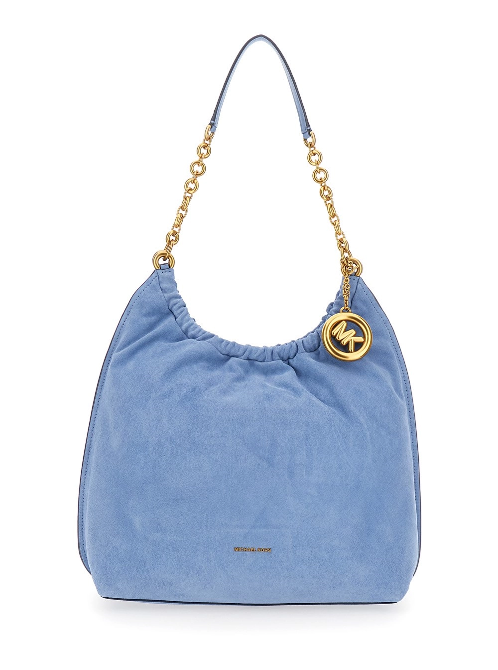 Michael michael kors Borsa a spalla 'Indie Grande' con tracolla con catena e placca logo sul fronte in pelle scamosciata azzurra donna